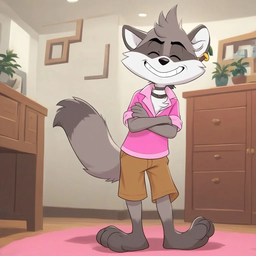 full body, indoors, Happy, smile, Arms Crossed, male focus, jewelry, Earring, furry, solo, Indoors