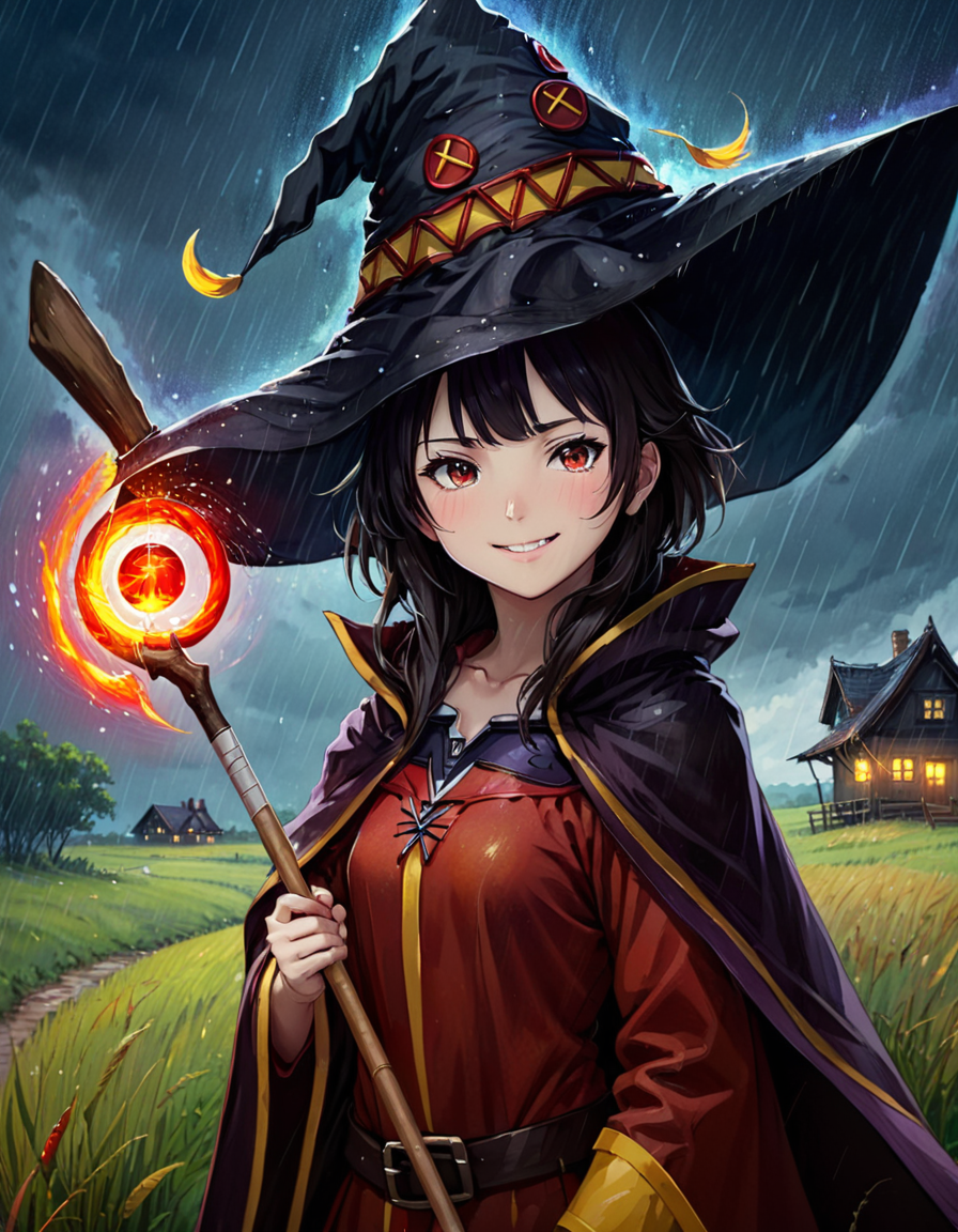 Color Field Painting 1girl megumin with witch hat and cape and one staff, from the side, smiling , 
inside Tudor House in Prairie, Hurricane with rain Weather Serene sky at Night
 <lora:MeguminXL_v2.5:1>, <lora:SDXL - Wrong:1>, ZIP2D , abstract, simple, geometic, color field painting style