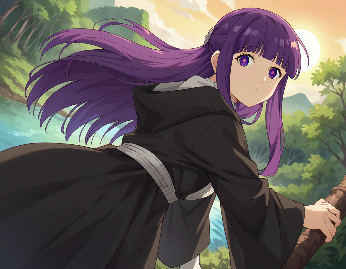 score_9, score_8_up, score_7_up, source_anime,
fern, <lora:fern-s1-ponyxl-lora-nochekaiser:1>,
fern, long hair, bangs, purple eyes, purple hair, sidelocks, blunt bangs, bright pupils, half updo,
long sleeves, dress, white dress, long dress, robe, black robe,
outdoors, nature, forest, trees, river, sun, sky, clouds, bent over,
looking at viewer, cowboy shot, dutch angle,