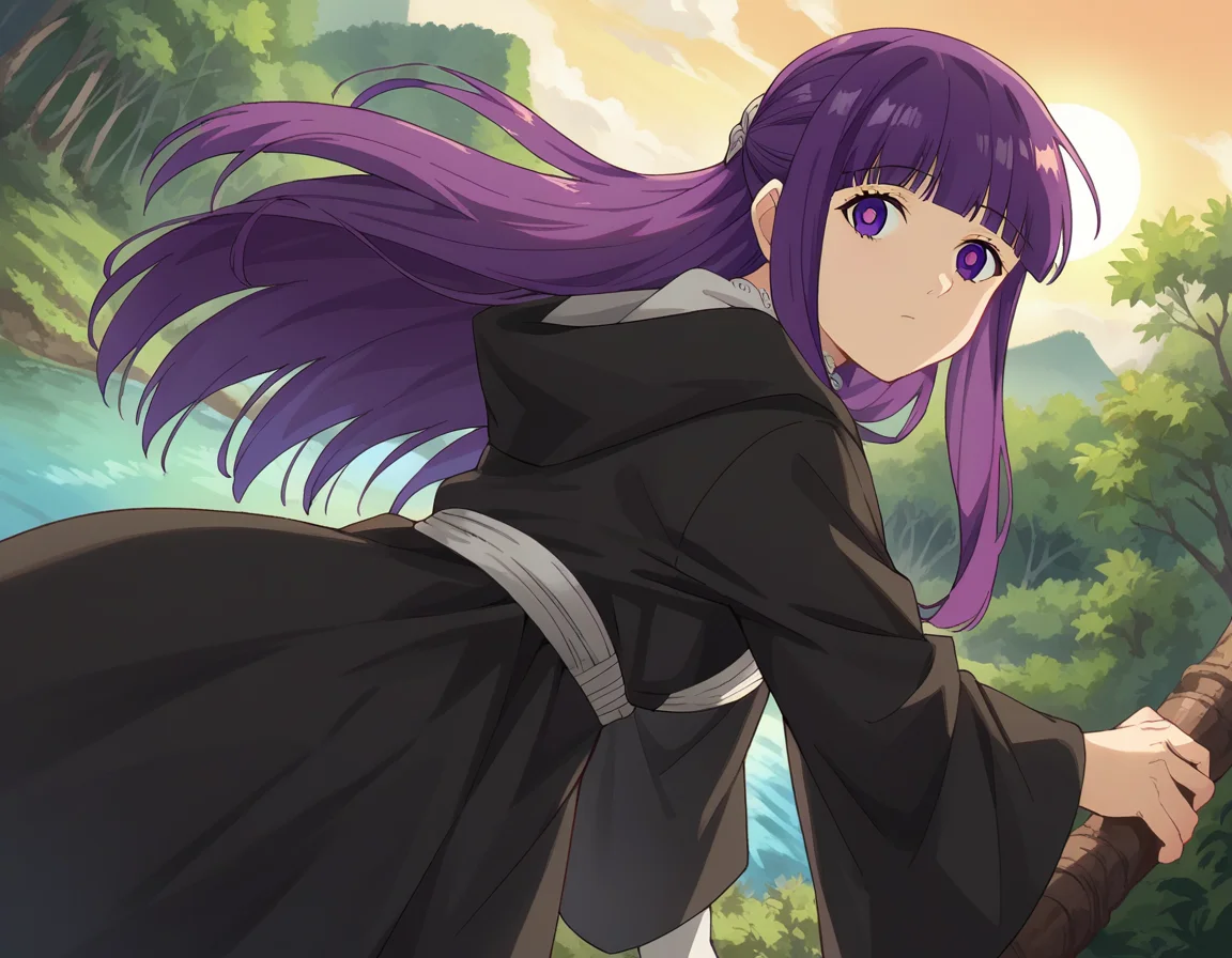 score_9, score_8_up, score_7_up, source_anime,
fern, <lora:fern-s1-ponyxl-lora-nochekaiser:1>,
fern, long hair, bangs, purple eyes, purple hair, sidelocks, blunt bangs, bright pupils, half updo,
long sleeves, dress, white dress, long dress, robe, black robe,
outdoors, nature, forest, trees, river, sun, sky, clouds, bent over,
looking at viewer, cowboy shot, dutch angle,
