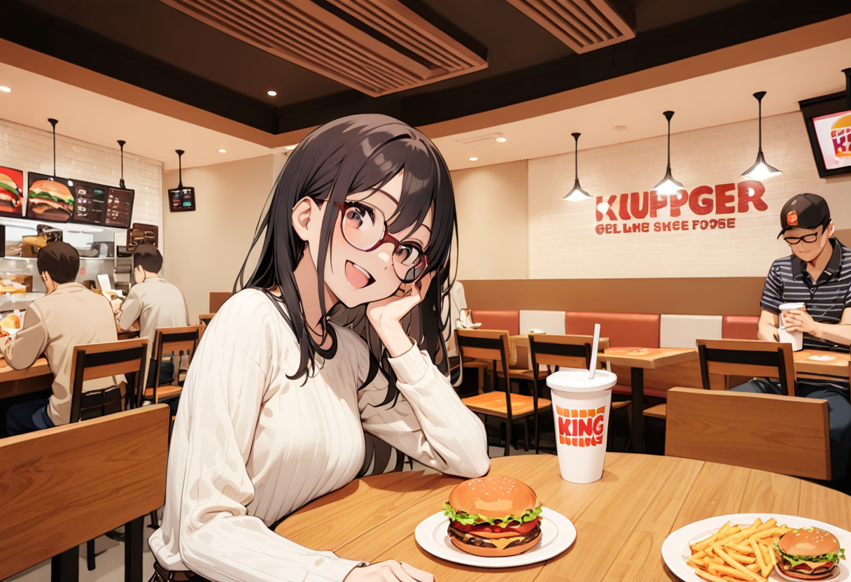 masterpiece, best quality, very aesthetic, absurdres, 
1girl, solo, glasses, black hair, long hair, white ribbed sweater, happy, smile, looking at viewer, open mouth, solo focus, sitting, across table, 
burgerking, scenery, indoors, burger, restaurant, striped shirt, food, multiple boys, chair, shirt, table, cup, sitting, striped, english text, pants, ceiling light
 <lora:burgerking_SDXL_V1:0.8>
