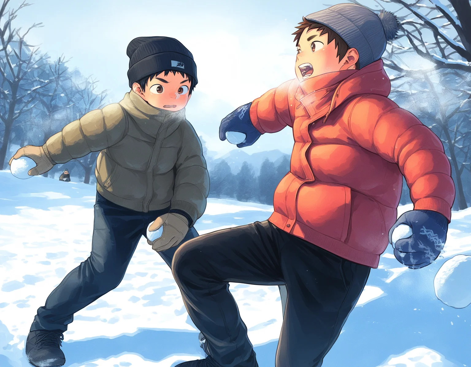 masterpiece, best quality, shounenzoom-style, 2015s, outdoors, winter, sunlight, 2boys, black hair, brown hair, brown eyes, beanie, gloves, jacket, pitching snowball fight <lora:shounen_zoom-naixl_vpred-v7Nd-ShoAI:1>