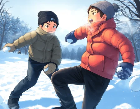 masterpiece, best quality, shounenzoom-style, 2015s, outdoors, winter, sunlight, 2boys, black hair, brown hair, brown eyes, beanie, gloves, jacket, pitching snowball fight <lora:shounen_zoom-naixl_vpred-v7Nd-ShoAI:1>