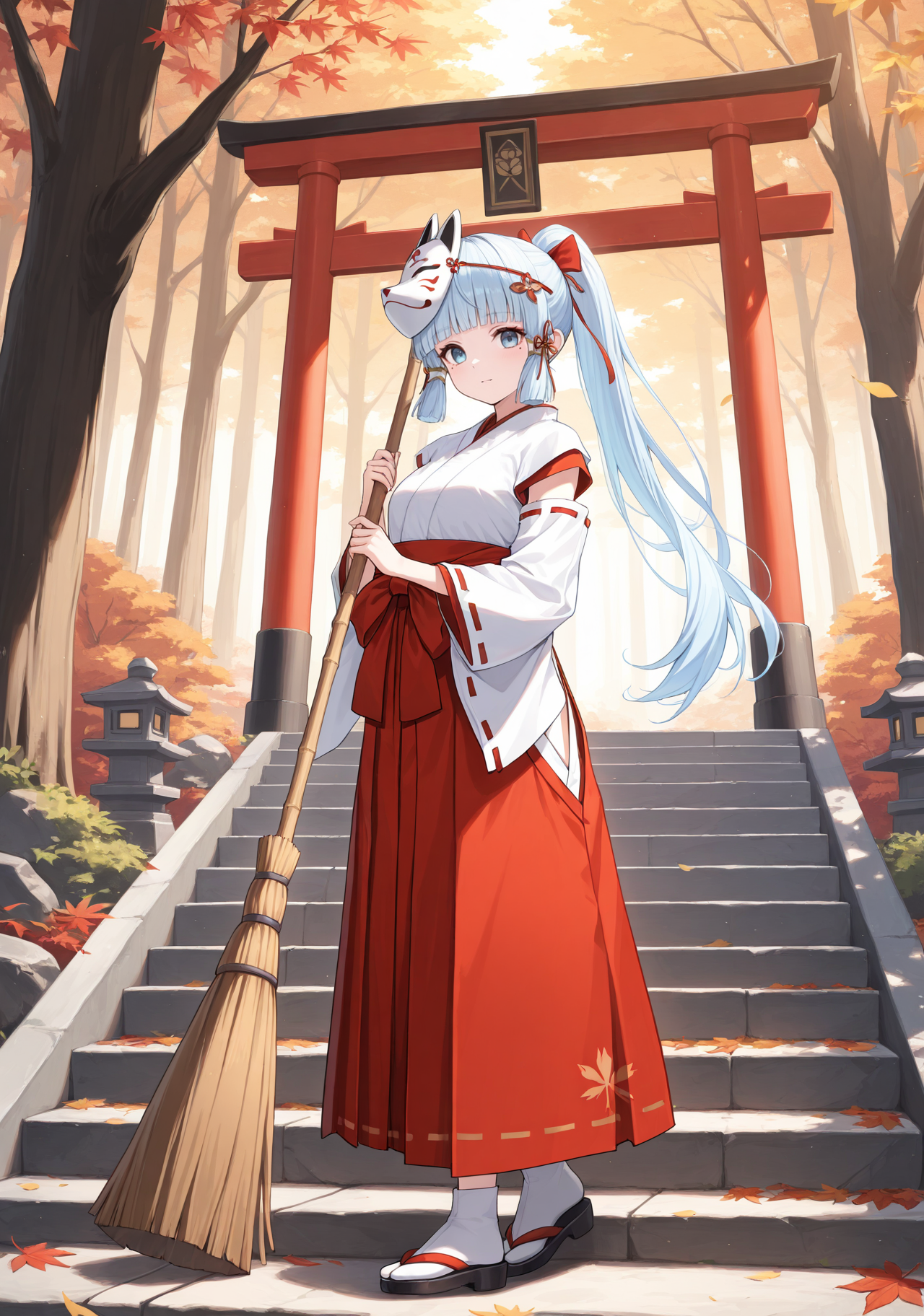 masterpiece, best quality, 1girl, solo, basekamiaya, light blue hair, blunt bangs, mole under eye, ponytail, long hair, hair ribbon, miko, japanese clothes, red hakama, white kimono, ribbon trim, fox mask, mask on head, outdoors, stairs, stone stairs, autumn, autumn leaves, (forest), nature, broom, holding broom, sweeping, full body, blue eyes, hair ornament, wide sleeves, hip vent, sandals, detached sleeves, (torii:0.9), scenery, looking at viewer