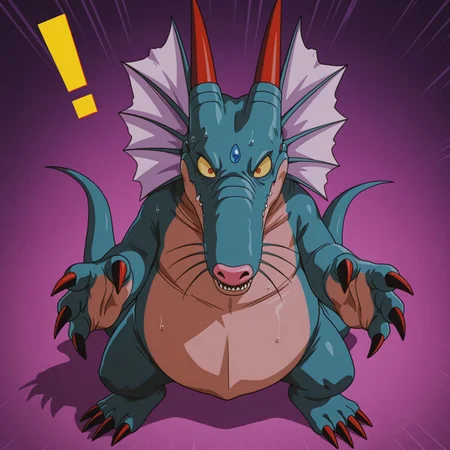 masterpiece, best quality, amazing quality, very aesthetic, absurdres, newest, Solo, 2d, 4 toes, male, scalie, Natshenron, dragon, wingless, red horns, flesh whiskers, pink nose, membranous frill, blue skin, tan skin, tan countershade torso, two tone skin, yellow sclera, red pupils, red claws, toe claws, two tails, blue forehead jewel, anime screenshot 

BREAK close up, looking at viewer, sweat, shocked expression, !, exclamation mark, abstract background