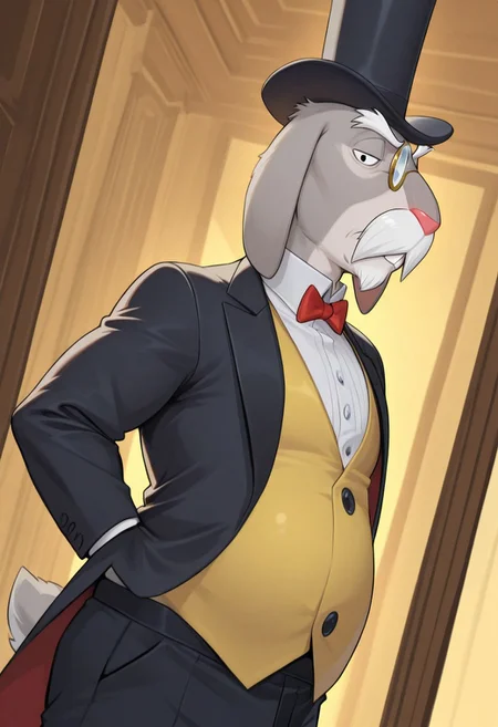 masterpiece, best quality, amazing quality, very aesthetic, absurdres, newest, high quality, detailed, male, solo male, MrHerriman, 1boy, mature male, male, chubby, anthro, rabbit, grey fur, floppy ears, black eyes, mustache, broad shoulders, bara, bushy eyebrows, facial hair, tuxedo jacket, yellow vest, bow tie, top hat, monocle, formal, looking at viewer, half lidded eyes, stern expression, indoors, office, half body, volumetric lighting, standing, dynamic angle, black pants