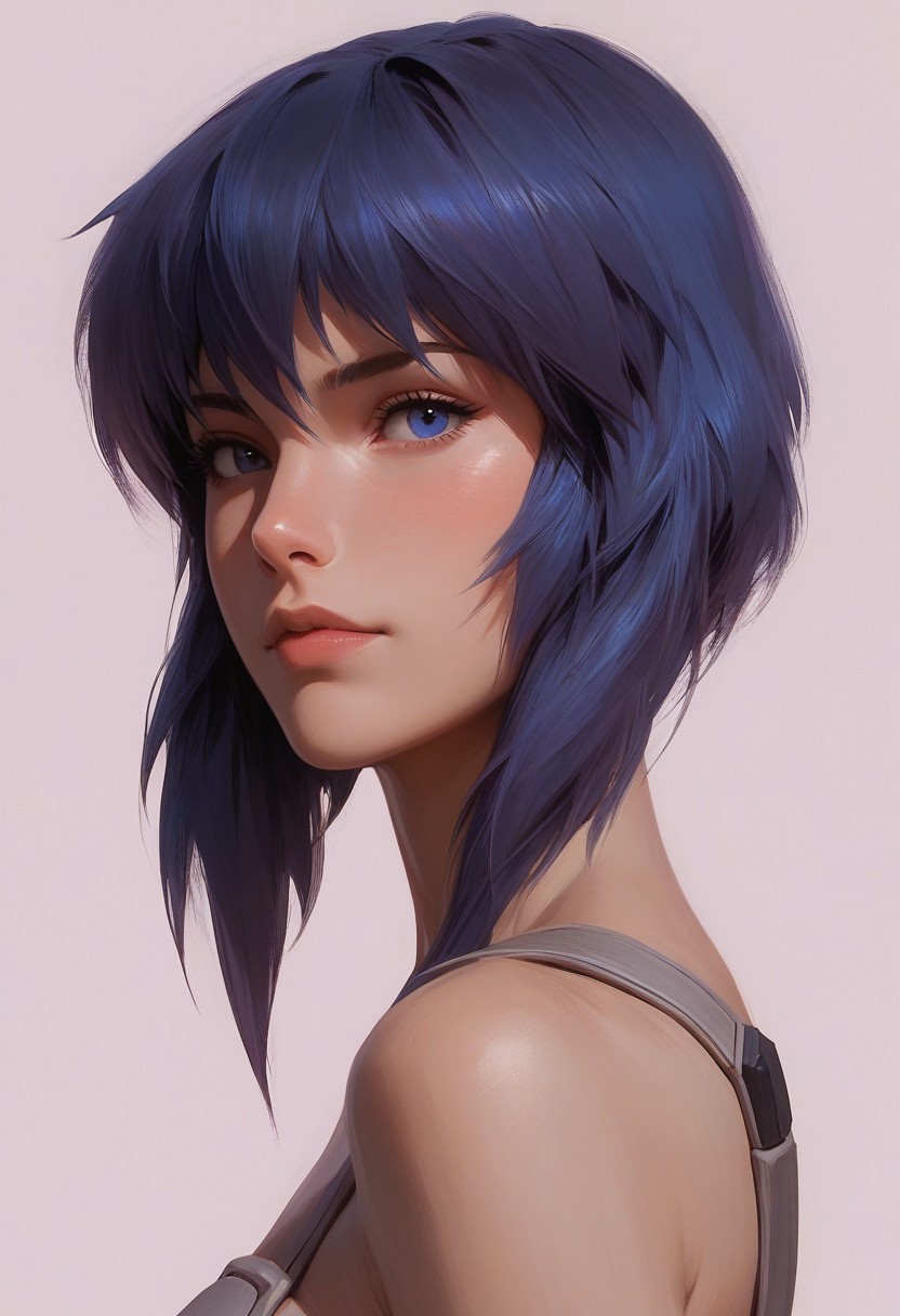 score_9, score_8_up, score_7_up,solo, 18yo,  (1girl:1.1),  (cute:1.3), (petite:1.1), (ghost in the shell ), from side, standing, looking at viewer, (realistic image:1.0), simple color background, (close up:0.6) , (beautiful, seductive,),   complexion, skin detail, blue hair, blue eyes,