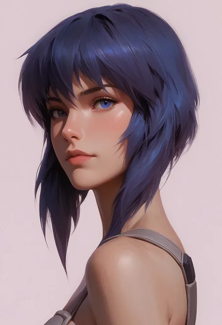 score_9, score_8_up, score_7_up,solo, 18yo, (1girl:1.1), (cute:1.3), (petite:1.1), (ghost in the shell ), from side, standing, looking at viewer, (realistic image:1.0), simple color background, (close up:0.6) , (beautiful, seductive,), complexion, skin detail, blue hair, blue eyes,