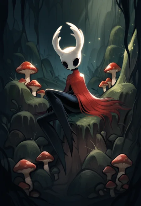 d0p4style, masterpiece, best quality, solo, hornet from hollow knight, white horns, black body, red attire, perched upon a mushroom, background, backlighting, fungal caves, spores, moss, mushrooms