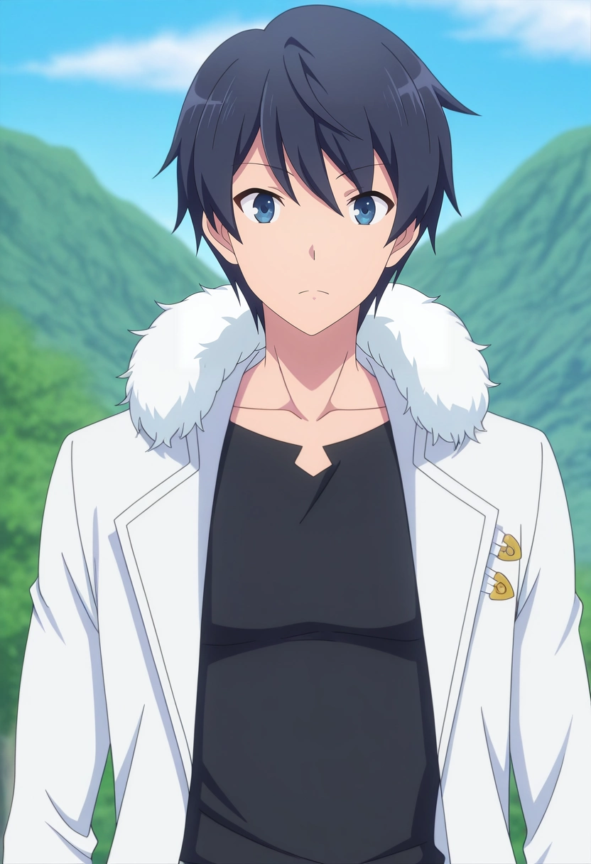 masterpiece, best quality, intricate details, anime screencap, , official style, looking at viewer, 1boy, solo, male focus, <lora:touya_mochizuki_ilxl:0.9>, touya_mochizuki, black hair, blue eyes, black shirt, white coat, fur trim, , Cropped chinos, Muscle T-shirt, , ,