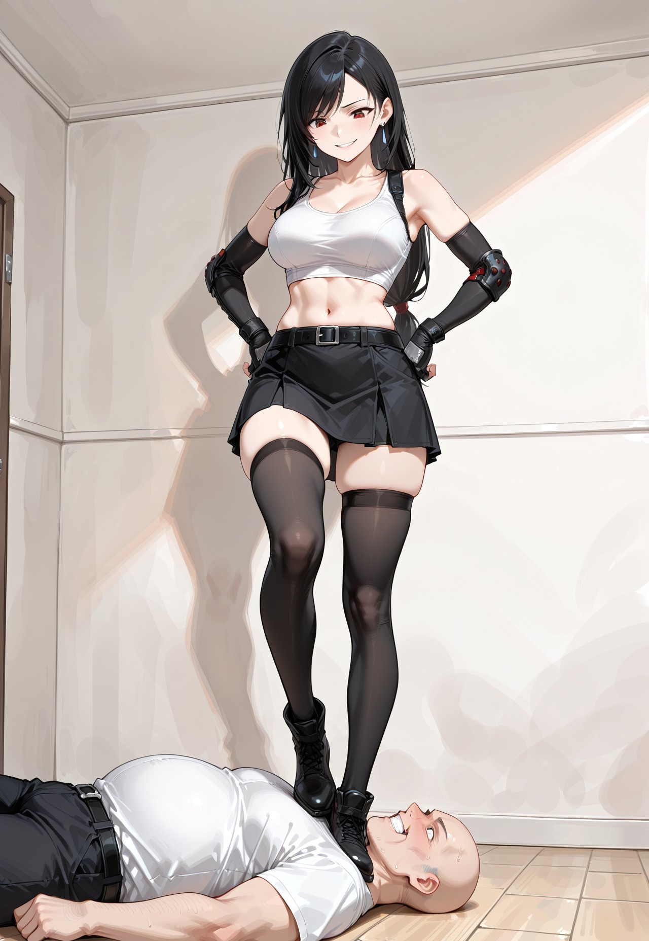 ThTrFe, standing on neck, crushes neck, standing one leg, trampling, femdom, neck stomp, full body, forced, leg lifted, evil smile, hands on hips, 

1girl, tfalckhrt, OG, long hair, straight hair, low-tied long hair, swept bangs, dangle earrings, tank top, Sports bra, suspenders, bare shoulders, single arm guards, single elbow pads, elbow gloves, fingerless gloves, belt, midriff, suspender skirt, thighhighs, shoes, skindentation, dominant female, ((skinny)), looking at him, looking down, 

1boy, fat man, old man, bald boy, boy is suffering, slave boy, boy with long neck, pain expression,

absurdres, masterpiece, best quality, very aesthetic, 748cmstyle, 