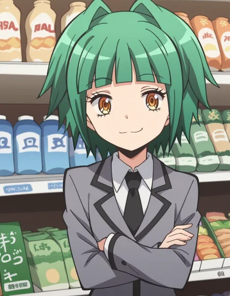 score_9, score_8_up, score_7_up, source_anime, <lora:kaede-kayano-s1s2-ponyxl-lora-nochekaiser:1>, kaede kayano, short hair, bangs, brown eyes, yellow eyes, green hair, hair intakes, anime screencap,, blazer, grey blazer, school uniform, pleated skirt, necktie, grey skirt, black necktie, white shirt, collared shirt, long sleeves,, supermarket, aisles, shopping, food, shelves, , crossed arms, smug, looking at viewer, solo,, dutch angle, cowboy shot