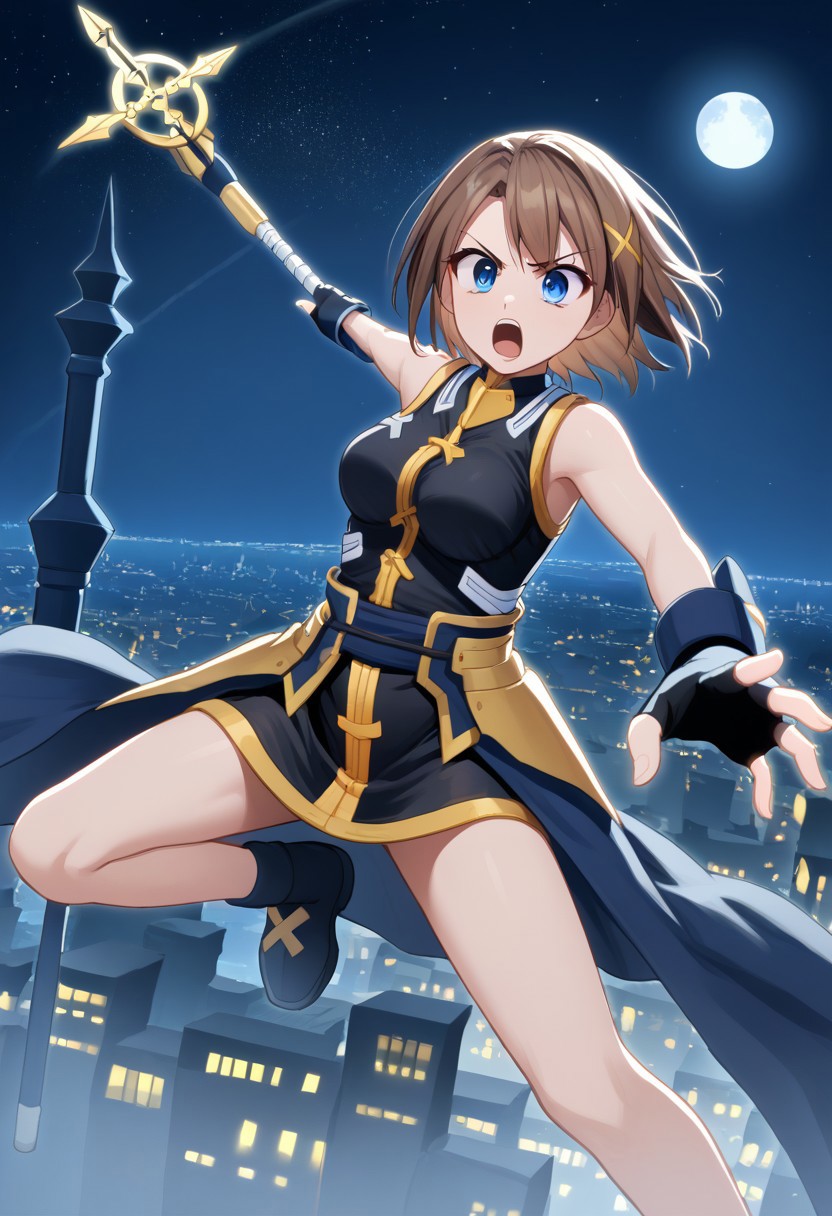 score_9, score_8_up, score_7_up, source_anime, good anatomy, 11girl, solo, HayateYagami, brown hair, short hair, x hair ornament, blue eyes, black dress with gold trim, short dress, fingerless gloves, bare shoulders, bare legs, no corset, fighting stance, night sky, cross staff, holding cross staff, holding, moon, stars, city, floating, open mouth, shouting
