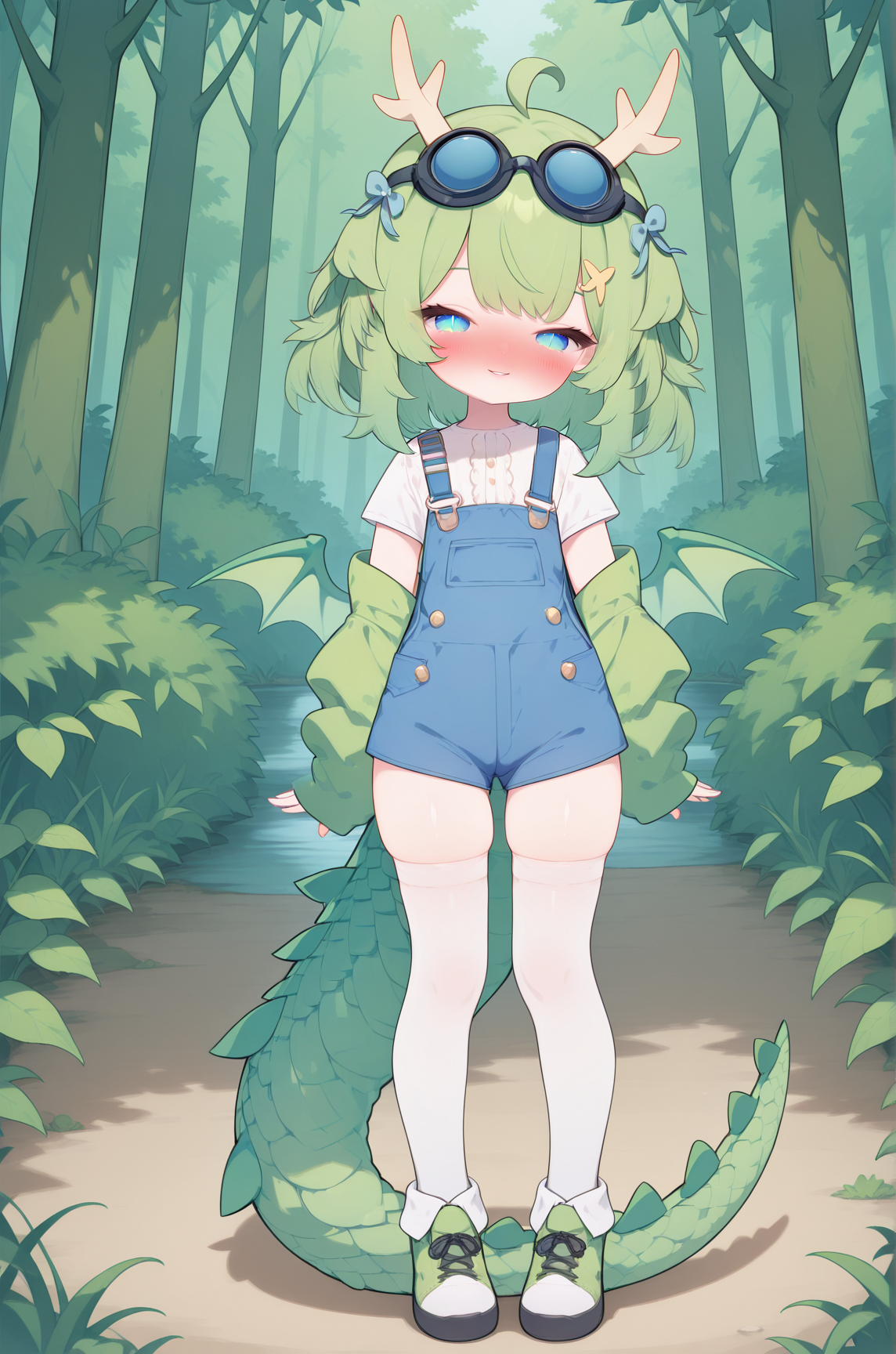 masterpiece,best quality,amazing quality, DragonGirlMPVTILXL, 1girl, blue eyes, slit pupils, green hair, short hair, bangs, ahoge, horns, hair ornament, blue bow, black goggles, goggles on head, green wings, dragon tail, flat chest, white shirt, short sleeves, blue overall short, white thighhighs, green shoes, solo, full body, standing, seductive smile, looking at viewer, naughty face, nose blush, forest, tree    <lora:DragonGirlMPVTILXL:1>