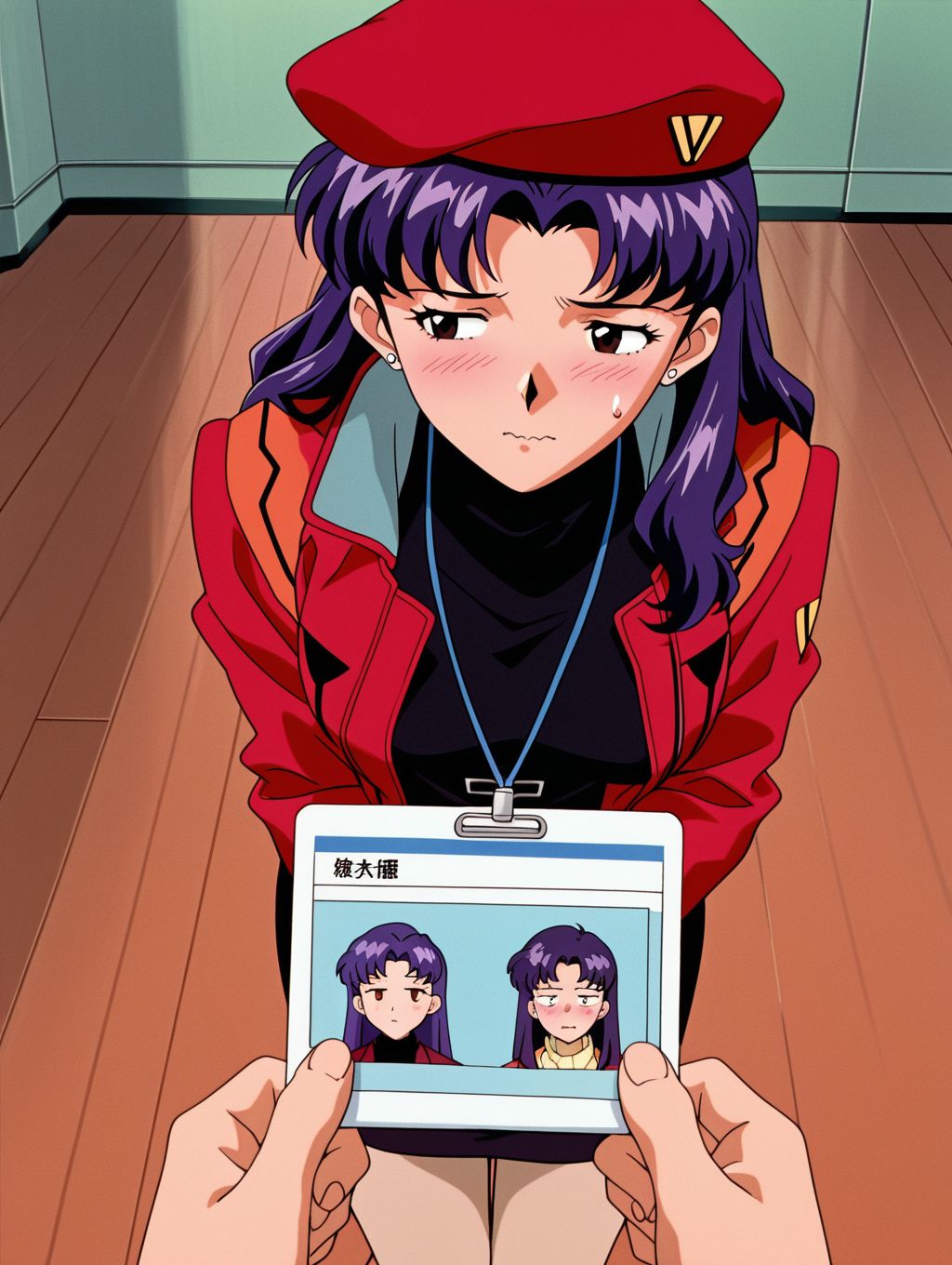 masterpiece, best quality, newest, absurdres, highres, detailed eyes, beautiful, detailed background, perfect eyes, anime coloring, anime screencap, 1990s \(style\), 1girl, solo, mature female, katsuragi misato, purple hair, long hair, brown eyes, medium breasts, stud earrings, red beret, red jacket, long sleeves, black turtleneck sweater, belt, red pencil skirt, beige pantyhose, ankle boots, looking away, sweatdrop, jitome, constricted pupils, wavy mouth, blush, pov hand, holding id card, (indoors, ship deck), cowboy shot, <lora:misato_ceva_illus-06:0.8>