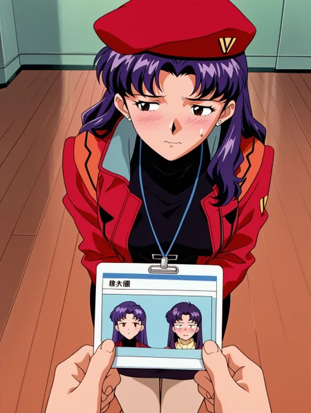 masterpiece, best quality, newest, absurdres, highres, detailed eyes, beautiful, detailed background, perfect eyes, anime coloring, anime screencap, 1990s \(style\), 1girl, solo, mature female, katsuragi misato, purple hair, long hair, brown eyes, medium breasts, stud earrings, red beret, red jacket, long sleeves, black turtleneck sweater, belt, red pencil skirt, beige pantyhose, ankle boots, looking away, sweatdrop, jitome, constricted pupils, wavy mouth, blush, pov hand, holding id card, (indoors, ship deck), cowboy shot, <lora:misato_ceva_illus-06:0.8>