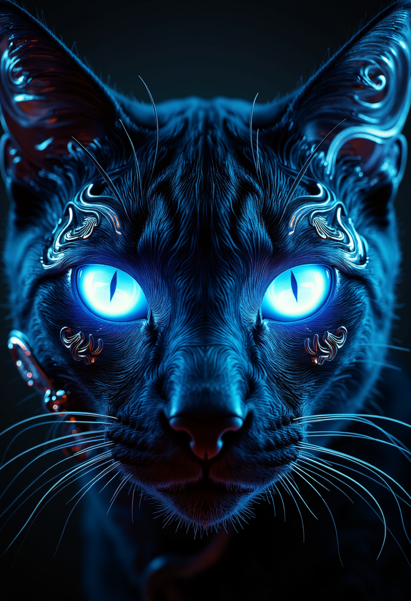 This is a digital artwork featuring an intricately detailed close-up of a black cat's face. The cat's eyes are strikingly bright and glowing with a vivid blue hue, creating a surreal and almost mystical effect. The eyes are surrounded by elaborate, swirling patterns of the same blue color, giving the impression of a mask or ceremonial adornment. These patterns are highly detailed, with symmetrical swirls and curves that extend onto the cat's forehead and cheeks. The cat's fur is depicted with a high level of realism, with individual strands and textures clearly visible, particularly around the muzzle and ears. The background is completely black, which contrasts sharply with the bright blue of the cat's features, making the details stand out even more. The overall style of the artwork is digital, with a focus on vibrant, glowing colors and intricate, symmetrical patterns. The image conveys a sense of mystery and otherworldliness, with the glowing blue eyes and patterns suggesting a supernatural or fantasy element.