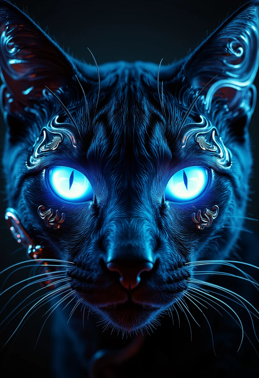 This is a digital artwork featuring an intricately detailed close-up of a black cat's face. The cat's eyes are strikingly bright and glowing with a vivid blue hue, creating a surreal and almost mystical effect. The eyes are surrounded by elaborate, swirling patterns of the same blue color, giving the impression of a mask or ceremonial adornment. These patterns are highly detailed, with symmetrical swirls and curves that extend onto the cat's forehead and cheeks. The cat's fur is depicted with a high level of realism, with individual strands and textures clearly visible, particularly around the muzzle and ears. The background is completely black, which contrasts sharply with the bright blue of the cat's features, making the details stand out even more. The overall style of the artwork is digital, with a focus on vibrant, glowing colors and intricate, symmetrical patterns. The image conveys a sense of mystery and otherworldliness, with the glowing blue eyes and patterns suggesting a supernatural or fantasy element.