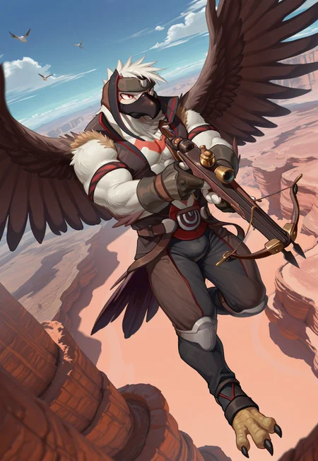 masterpiece, best quality, amazing quality, 1boy, bara, muscular male, solo, furry male, aquilo, red eyes, bird boy, fingerless gloves, headband, mouth mask, jacket, pants, flying, full body, blue sky, spread wings, cloud, holding crossbow, aiming, from above, on sky, canyon beneath