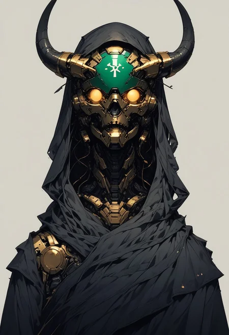 score_9,score_8_up,score_7_up, g0ldl34f, solo, 1head, forest green helmet, no humans, glowing mechanical eyes, intricate ram horns, robot, mecha, beaten brown cloak, science fiction, cyborg, mechanical parts, humanoid robot, science fiction, sinozick style, flat color, dark theme, Expressiveh, l0g0, simple background