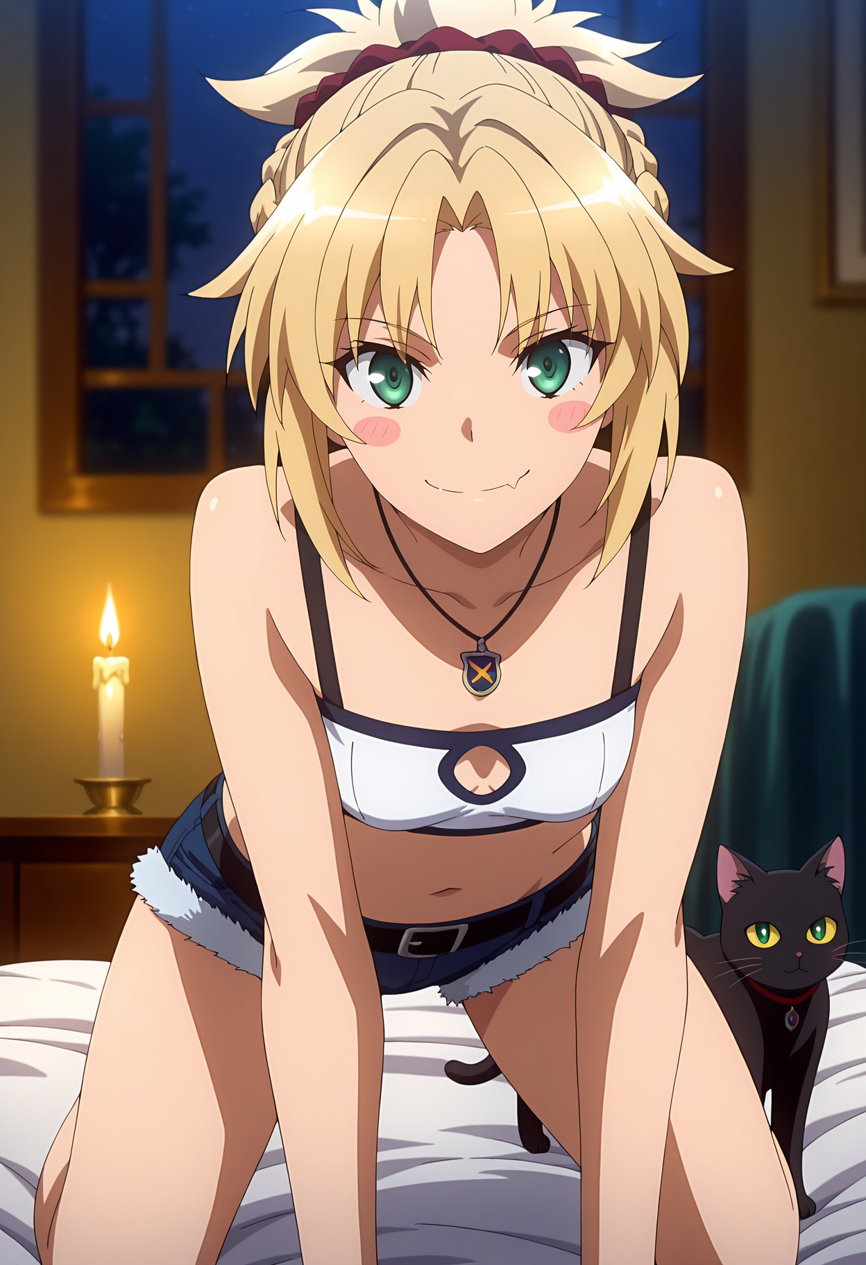anime screencap, masterpiece, best quality,
<lora:FateApocrypha_Mordred_IlluXL:0.9>,
1girl, solo, closed mouth, skin fang, smile, blush stickers,
ponytail, parted bangs, french braid, blonde hair, red scrunchie, green eyes,
pendant, bra strap, bare shoulders, white bandeau, small breasts, crop top, clothing cutout, short shorts, fur-trimmed shorts, denim shorts, black belt,
black cat,
all fours, looking at viewer, 
indoors, on bed, night, candlelight, blurry background