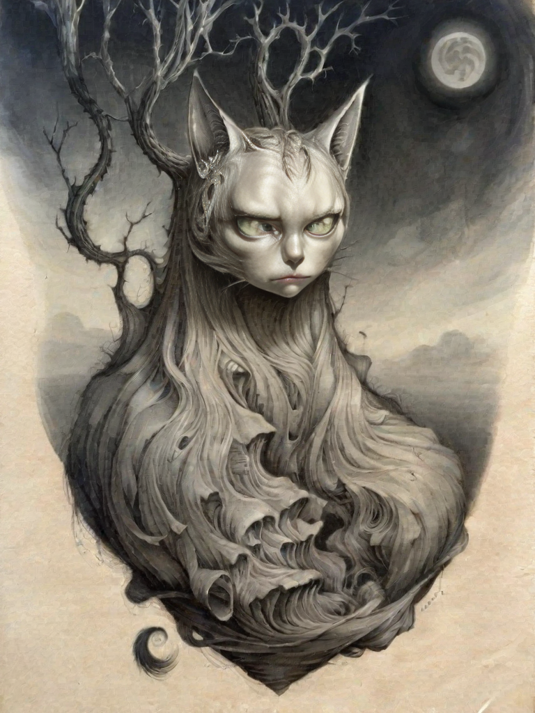 <lora:sur-mono_XL:1>, sur-mono_XL, monochrome, line sketch, surrealistic, in the style of MOLLY DEVLIN cat