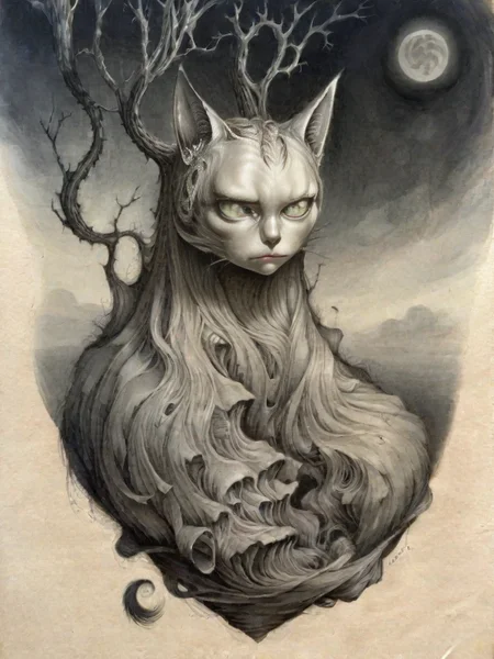 <lora:sur-mono_XL:1>, sur-mono_XL, monochrome, line sketch, surrealistic, in the style of MOLLY DEVLIN cat