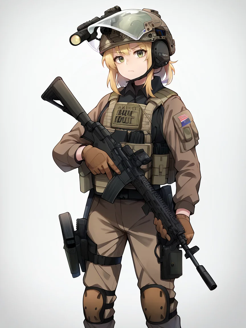score_9, score_8_up, score_7_up, score_6_up, score_5_up, <lora:tacticalclothesXLP:0.8> 1girl, weapon, gun, solo, gloves, helmet, white background, knee pads, bulletproof vest, military, pants, holding, brown pants, simple background, assault rifle, tactical clothes, holding weapon, load bearing vest, blonde hair, magazine (weapon), looking at viewer, holding gun, holstered weapon, closed mouth, american flag, long sleeves, holster,