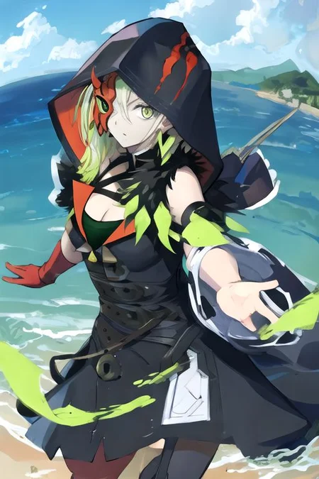 solo, 1girl, solo_focus, (((masterpiece))), ((best quality)), ((ultra-detailed)), ((too_many)):16, high resolution, absurdres, highres, ultra-detailed 8k unity wallpaper,
gloves
diabellestarr
hood
cleavage
detached sleeves
mask