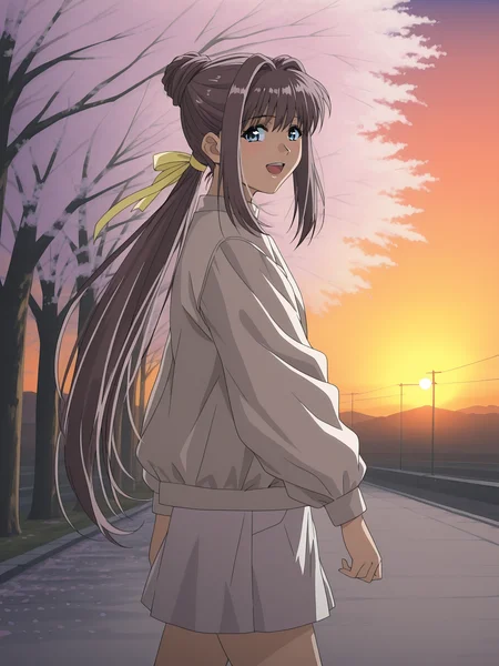 <lora:yakin-kaidan-illustrious-000004:0.9> nan4s3, hair bun, hair ribbon, yellow ribbon, ponytail, very long ponytail, fashion, streetwear,
1girl, solo, cherry blossoms, walking, from side, looking at viewer, happy, open mouth, sunset, cinematic lighting, cowboy shot