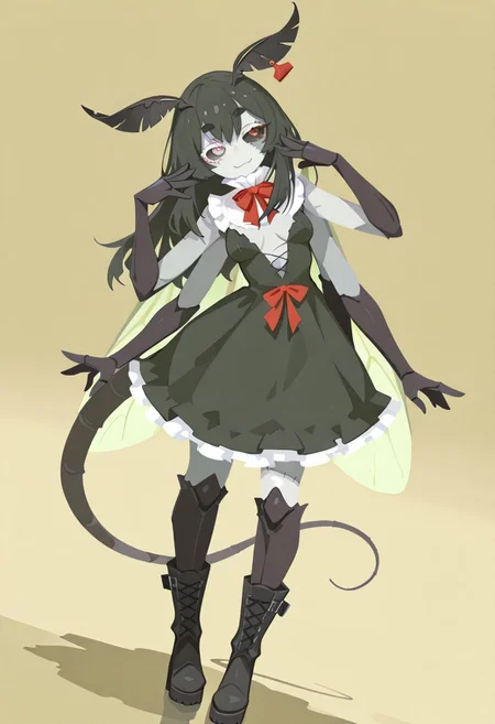 safe_pos, safe_pos, masterpiece, high quality, absurdres, gorgeous, dynamic angle, simple background, glossy, shade, shadow, 3cto, facing viewer, small breasts, patchwork skin, stitches, animal ears, rat ears, ear tag, heterochromia, black tail, frilled dress, bowtie, boots, cute pose

flat color, no lineart, tianliang_duohe_fangdongye:0.7, ((organic shapes)), abstract background, facing viewer, reflective floor, 

juniperactias, monster girl, arthropod girl, moth girl, insect wings, ((extra arms)), fewer digits, carapace, long hair, antennae, ((black sclera)),
