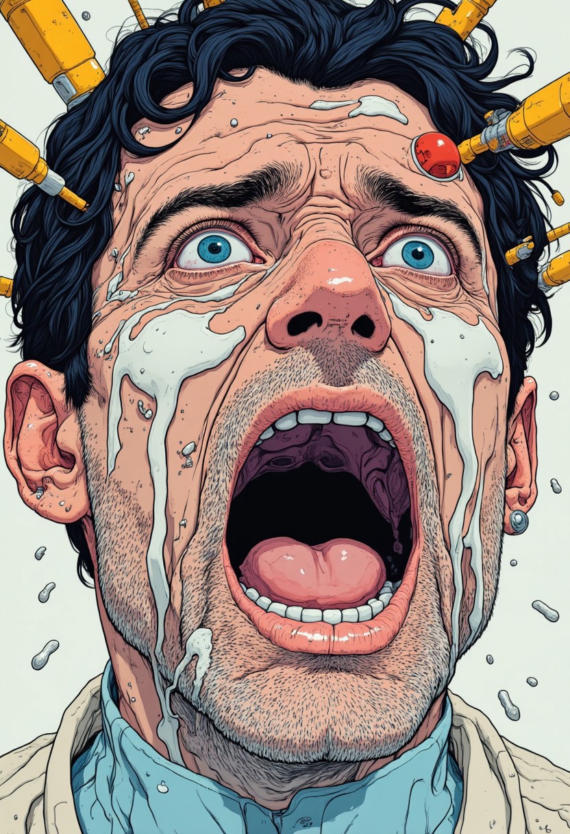 extreme close up on a man crying desperately, tears all over the face, mouth open in desperate facial expression, saturated colors and line inking in the style of a graphic novel CynthiaPortrait