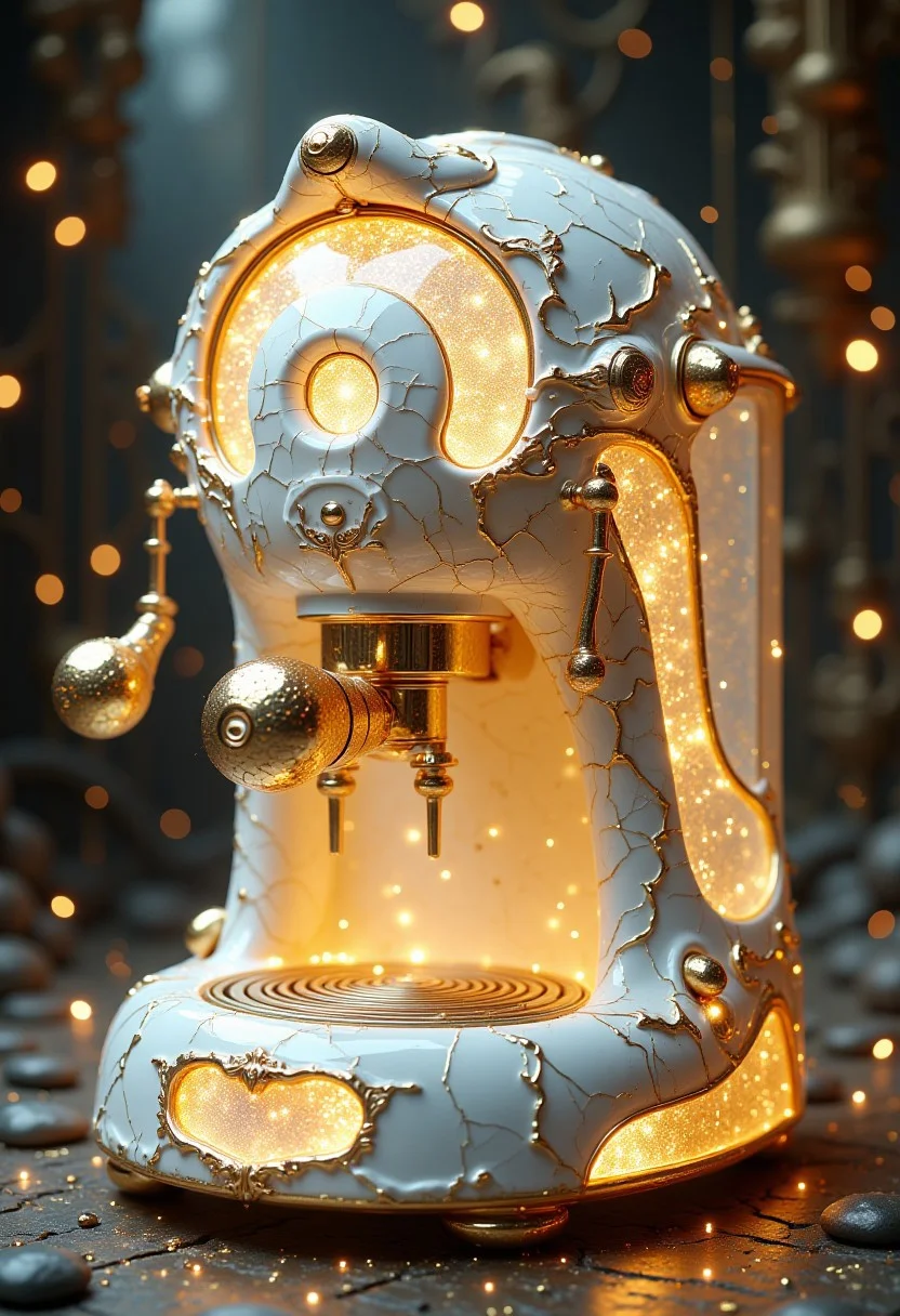 golden cracks on white, elaborate coffee machine, glowing, glitter