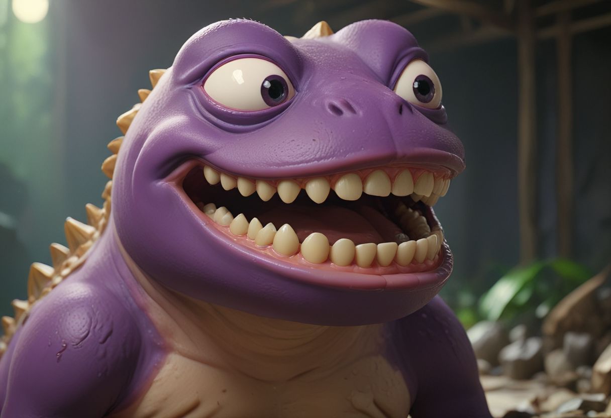 HD, Raytracing, cinematic, sense of scale, 1massive pepe_frog+chonkasaurus, human teeth, skeletal, atmospheric, empty space, colours, blurry background, realistic, purple eyes, <lora:chonkasaurus-000003:1>
