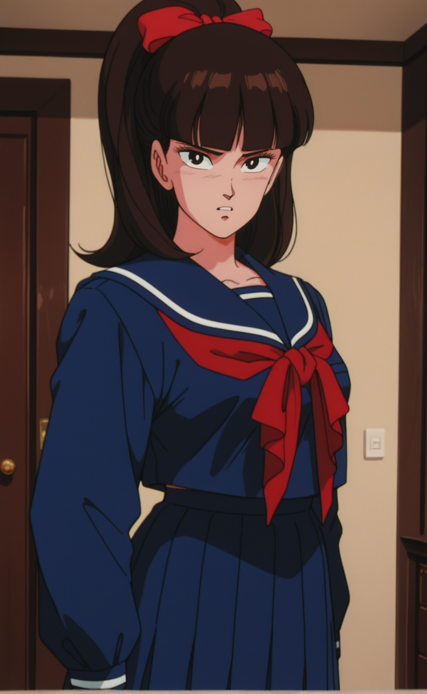 1girl,h1sch0lm1stery1masu0m1suz, retro artstyle,1980s \(style\), solo,ponytail,brown hair,black hair,blunt bangs,medium breasts, black eyes, school uniform, red bow, sailor collar, blue serafuku, red neckerchief, long skirt,indoors,living room,,frown ,,,,from side ,cowboy shot ,parted lips ,looking at viewer,best quality,masterpiece,sensitive,<lora:HighSchoolMisteryMasuoMisuzuNoobAI:1>