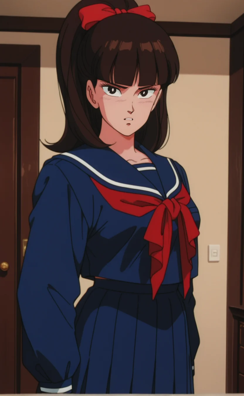 1girl,h1sch0lm1stery1masu0m1suz, retro artstyle,1980s \(style\), solo,ponytail,brown hair,black hair,blunt bangs,medium breasts, black eyes, school uniform, red bow, sailor collar, blue serafuku, red neckerchief, long skirt,indoors,living room,,frown ,,,,from side ,cowboy shot ,parted lips ,looking at viewer,best quality,masterpiece,sensitive,<lora:HighSchoolMisteryMasuoMisuzuNoobAI:1>