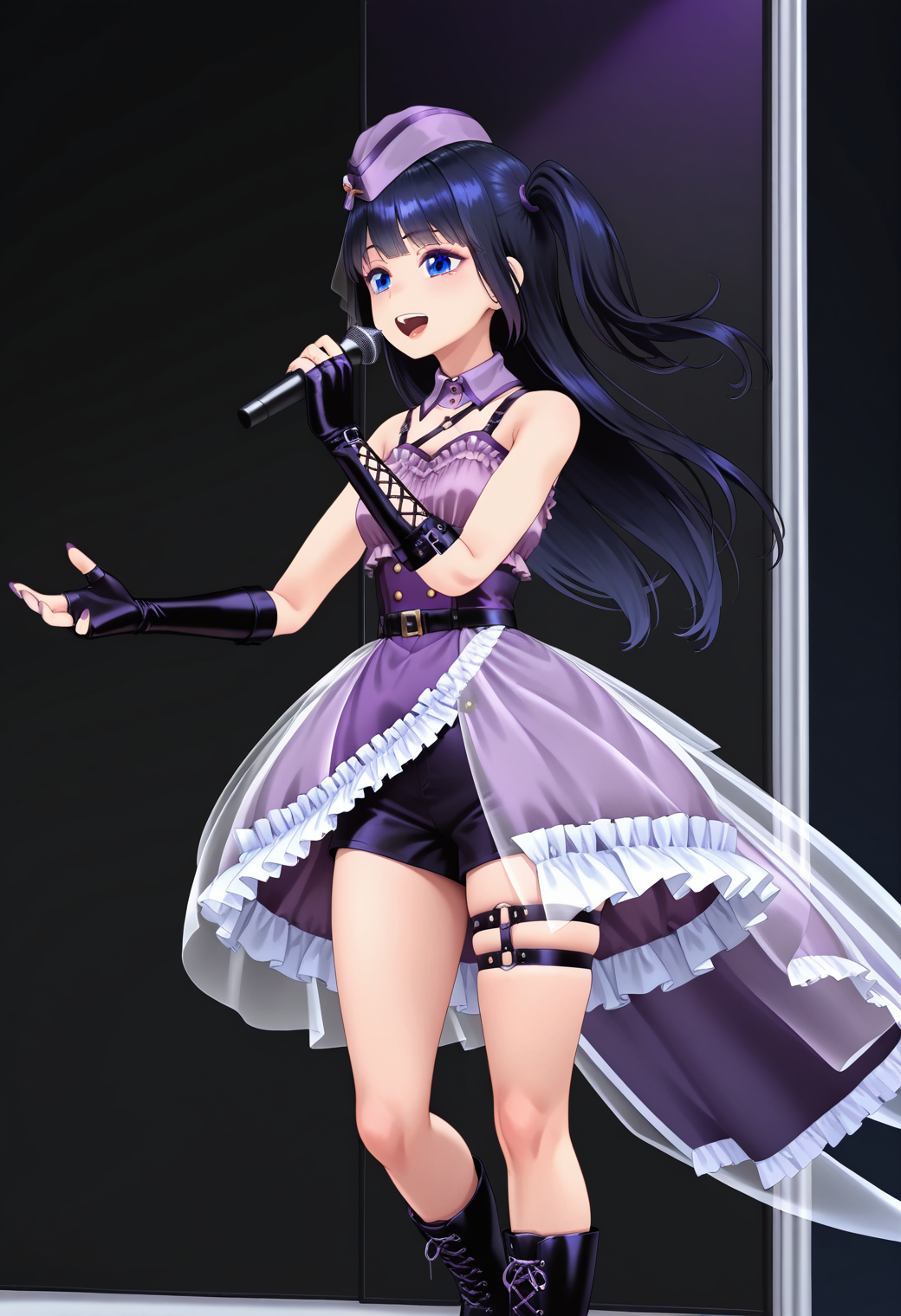 masterpiece, best quality, very aesthetic, absurdres, 1girl, solo,
<lora:fuji_aoi_v01:0.9>, virtual youtuber, aoi_costume5, black hair, long hair, one side up, blue eyes,
purple headwear, garrison cap, detached collar, purple dress, frilled dress, bare shoulders, o-ring, black fingerless gloves, elbow gloves, lace up gloves, purple nails, black shorts, thigh strap, black boots, smile, open mouth, singing, stage