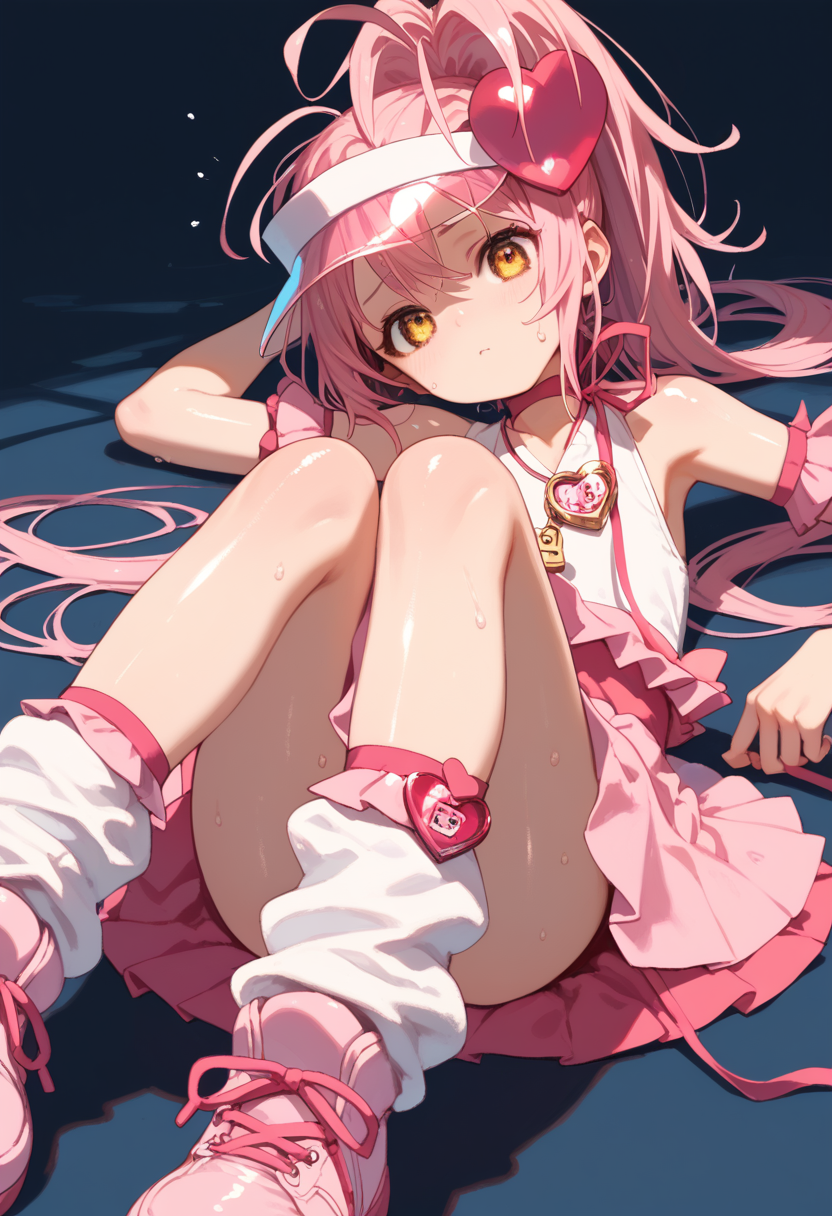 score_9, score_8_up, score_7_up, score_6_up, anime_lineart
1girl, solo,
<lora:amulet_heart:1> amulet_heart, pink hair, yellow eyes, heart, magical girl, visor cap, lock button, skirt, hair ornament, ponytail, loose socks, pink footwear:0.9
sweat,  shiny skin,  lying