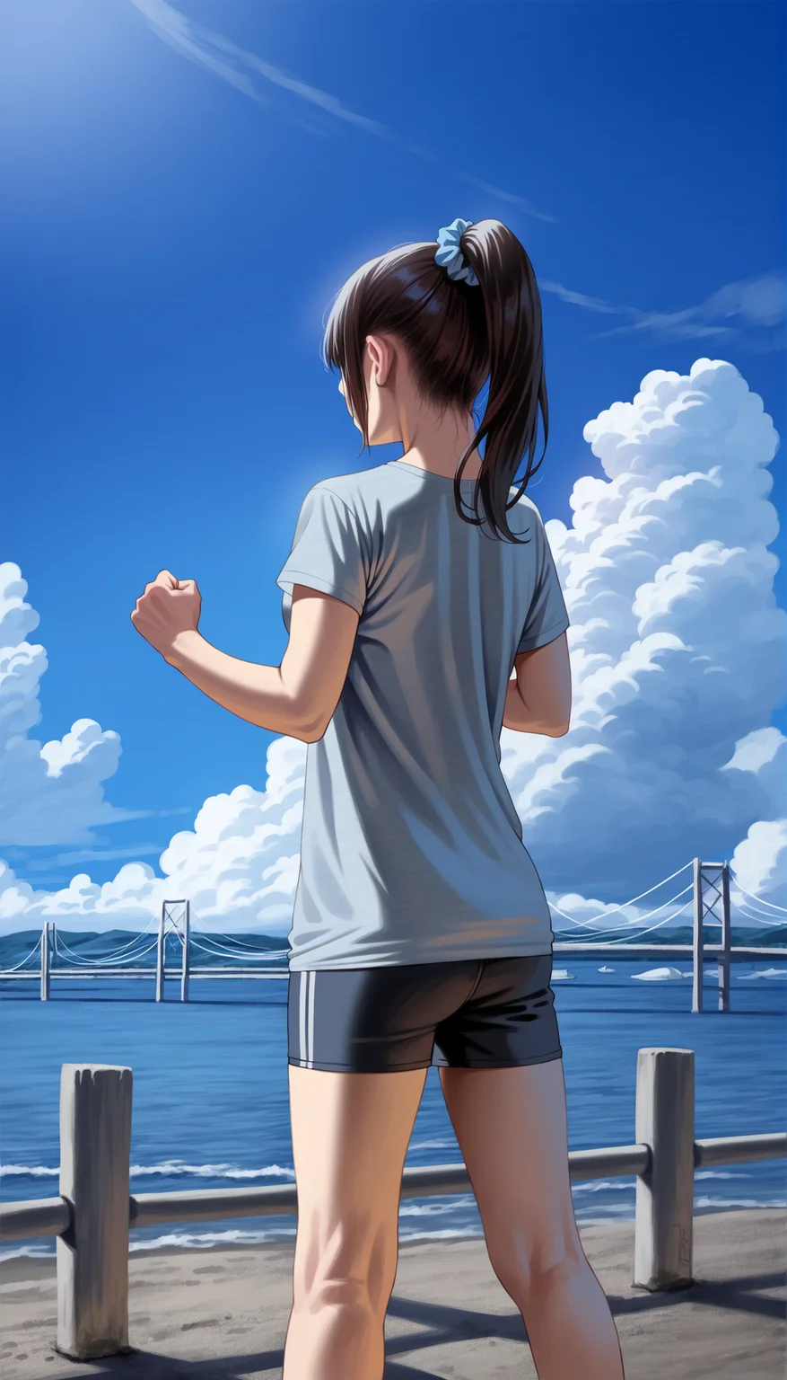 score_9,score_8_up,score_7_up,
highly detailed,highres,photorealism,(realistic:1.2),
<lora:miiyamotohikari:0.9>,miiyamotohikari,
1girl,solo,black hair,bangs,ponytail,blue scrunchie,grey t-shirt,cowboy shot,back view,from below,raising left fist,outdoors,figure positioned on the left side of the scene,blue sky,ocean,cloud,sea fence,bridge in the background,distant mountains,clear blue sky,soft clouds drifting,summer,
blurry background,