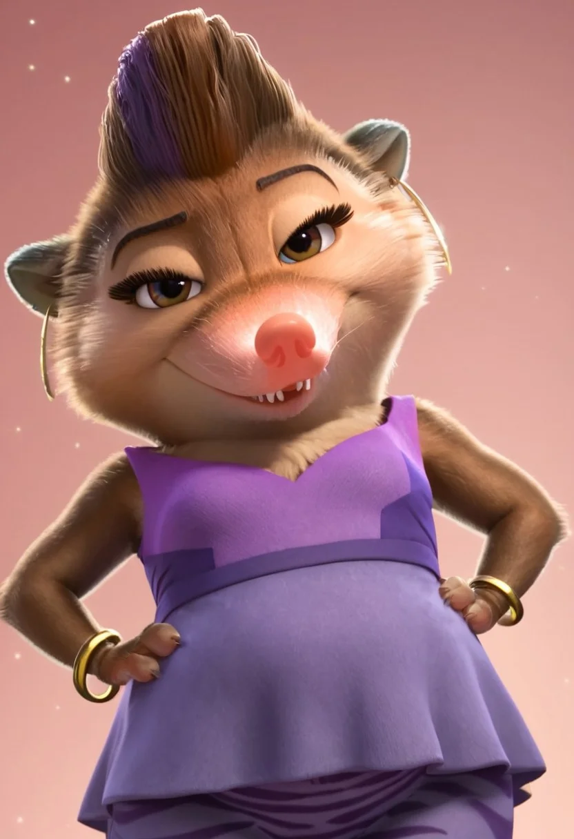 charisma_z+casual, furry, anthro, female arctic shrew, short brown hair, mohawk (one purple hair streak), tan golden-brown fur, long pink nose, big eyelashes, golden-brown eyes, golden-brown hands (four fingers), short claws, brown-gray feet, brown tail, sleeveless purple dress (light purple on front, dark purple on back), purple pants (zebra patterns), ears golden earrings (golden hoop rings), gold bracelet on right arm, score_8_up, score_7_up, BREAK, 1girl, solo, looking at viewer, cute, smirk, from below, hands on hips, head tilt, female focus, looking at viewer, detailed background, 4k, masterpiece, best quality, highly detailed, realistic, 3d, Expressiveh