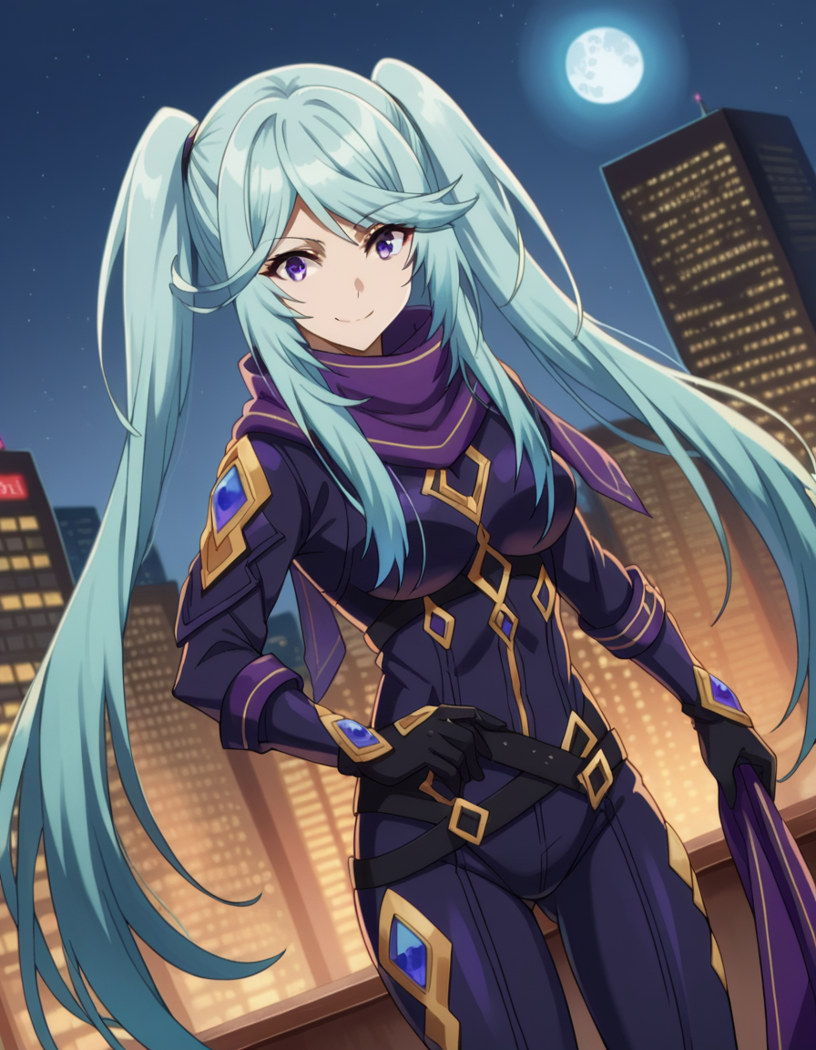 score_9, score_8_up, score_7_up, source_anime,
shadowepsilon, <lora:shadow-epsilon-ponyxl-lora-nochekaiser:1>,
epsilon, long hair, twintails, blue hair, purple eyes, sidelocks, smile,
bodysuit, scarf, purple scarf, gloves, black gloves,
outdoors, cityscape, night, moon,
looking at viewer, cowboy shot, dutch angle,