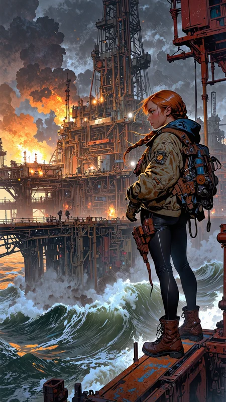 High-resolution semi-realistic illustration, bold cinematic composition, atmospheric lighting. A young woman stands on a massive oil rig, high above the roaring ocean, the wind violently whipping through her long, auburn hair styled into a thick, single braid. She wears a rugged, oversized bomber jacket over a form-fitting bodysuit, heavy boots planted firmly on the steel platform. The air is thick with mist and the scent of oil, as industrial floodlights cast dramatic shadows against the towering drilling structures. In the background, fiery gas flares burn against the stormy evening sky, illuminating the rusted metal walkways and tangled pipes. Thick fog rolls over the churning waves below, their whitecaps glowing under the harsh artificial lights. A sense of isolation and raw power lingers in the scene, capturing both the beauty and brutality of the open sea. <lora:FluxMythV2:1.0> <lora:Anime_v1.3:1.2> <lora:car1ar1_cap_d6a3:1.0>