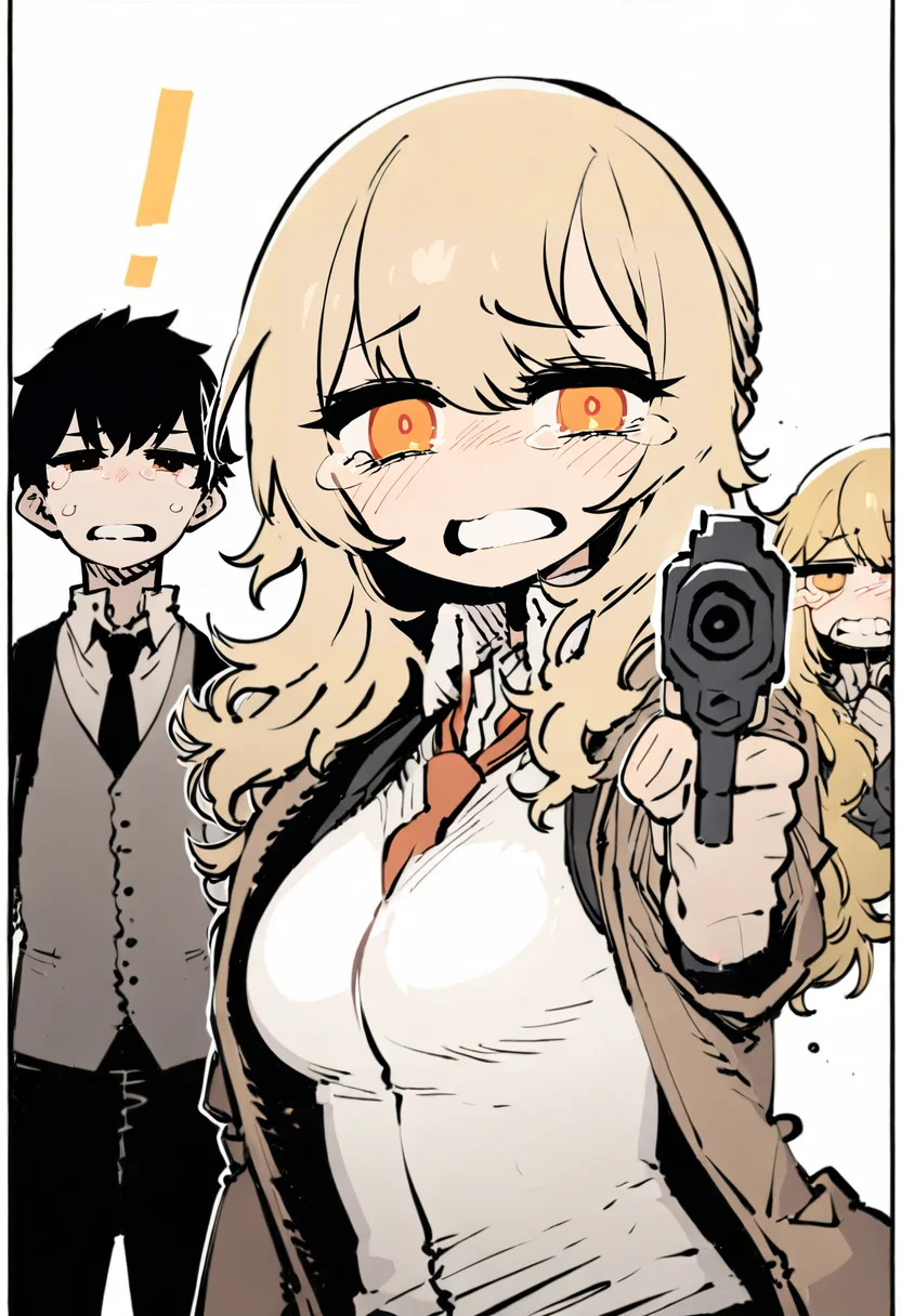 masterpiece, best quality,<lora:SSAMBAteaXL_ANI31_lokr_V53P1:0.95> 1girl, 1boy, weapon, blonde hair, holding, gun, holding weapon, shirt, holding gun, handgun, orange eyes, blush, necktie, jacket, collared shirt, white shirt, aiming at viewer, white background, border, tears, looking at viewer, simple background, breasts, long sleeves, !, vest, teeth, long hair, coat