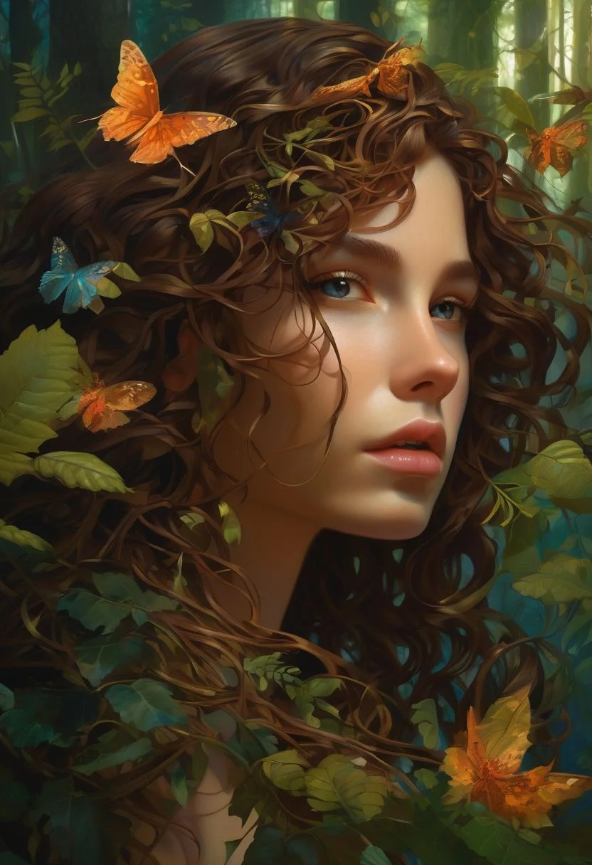 In the middle of a deep, dark forest, appears, (1girl), long curly brown hair, brown eyes, mascara, glossy lips, looking at the viewer, anxious, enigmatic: an amalgam of flora and fauna, with vines for hair, eyes glowing like embers and skin adorned with iridescent scales.