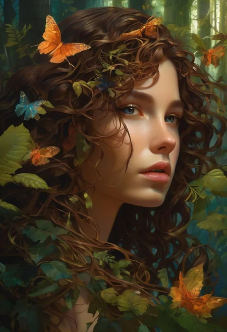 In the middle of a deep, dark forest, appears, (1girl), long curly brown hair, brown eyes, mascara, glossy lips, looking at the viewer, anxious, enigmatic: an amalgam of flora and fauna, with vines for hair, eyes glowing like embers and skin adorned with iridescent scales.
