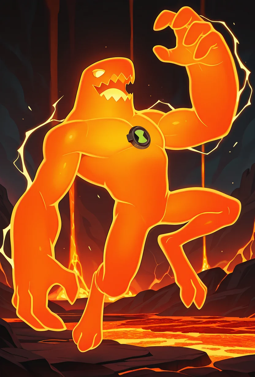 <lora:nrg-06:1>  nrg, solo, glowing skin, orange skin, anthro shark, massive arms, thin legs, Digitigrade legs, short legs, sharp mouth, dynamic pose, big head, anthro head, orange electricity, orange glow, lava background, jumping out of lava, masterpiece, best quality, amazing quality, very aesthetic, absurdres, newest,