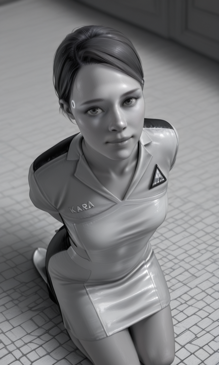 embedding:IllusP0s, loviante, monochrome, greyscale, realistic, 1girl, kara_\(detroit\), looking at viewer, dress, kneeling, arms behind back, high angle,<lora:loviante_v2.safetensors:1.0:1.0> <lora:chloe_kara_dbh.safetensors:1:1>