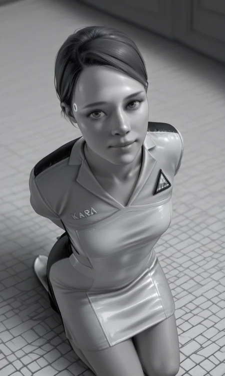 embedding:IllusP0s, loviante, monochrome, greyscale, realistic, 1girl, kara_\(detroit\), looking at viewer, dress, kneeling, arms behind back, high angle,<lora:loviante_v2.safetensors:1.0:1.0> <lora:chloe_kara_dbh.safetensors:1:1>