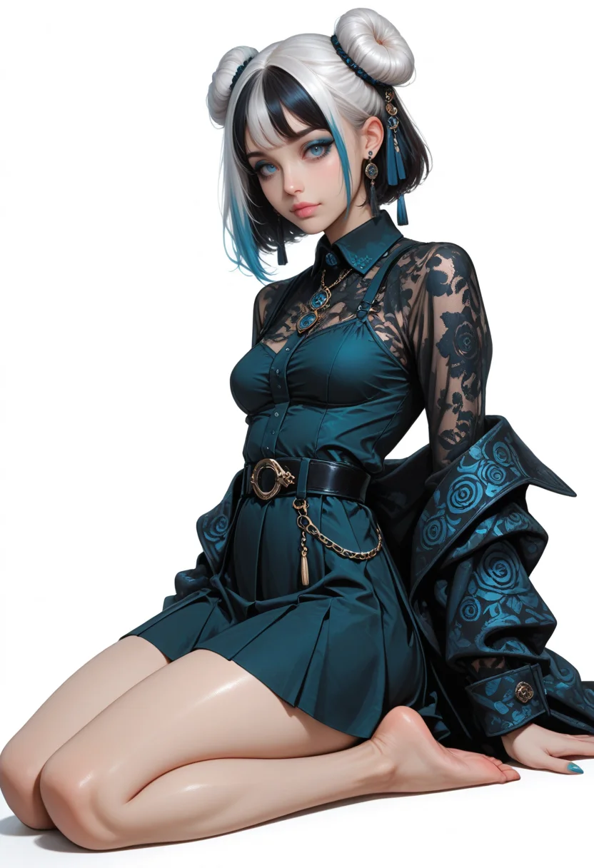 8K, depth of field, dynamic angle, sexy pose, best quality, detailed eyes, perfect eyes, realistic eyes, short hair, white hair, hair bangs, blue highlights, blue eyes, thick eyebrows, black eyebrows, blue eyeshadow, pink lips, full lips, fit body, The woman is attired in an outfit that blends traditional Asian design elements with modern sensibilities. She wears a white, high-collared blouse, the texture of which appears to be fine, and a skirt of a similar shade. A black, wide belt cinches her waist, embellished with a decorative chain that dangles to her lower torso, culminating in a pendant. Over her shoulders, she drapes a dark, ornate jacket with intricate golden patterns along the lapels and cuffs, accentuating the figureâs poise. The overall effect is one of opulence and cultural richness.Her dark hair is styled in a manner that incorporates traditional elements, with two buns placed high atop her head and a cascade of long, loose strands that fall around her shoulders. hair is adorned with intricate hair accessories. The earrings she wears are similarly ornate. nails are painted a dark color.Hanging in the air are multiple strings, perhaps representing a symbolic connection with the dragon or serving as a decorative element. adorned with intricate hanging ornaments, further enhancing the opulence of the composition.The figure is predominantly rendered in shades of black, evoking a sense of mystery and otherworldliness, set against a pale, almost featureless background that accentuates its form, small ass, small breast, realistic breast, , , BREAK, feet_together, front view, looking at viewer, movie perspective, white background, abstract background, <lora:MoriiMee_Gothic_Niji_Style_Illustrious_r1:0.7> artist:moriimee, <lora:PowerPuffMixLora:0.5>, <lora:Detailer_NoobAI_Incrs_v1:1> detailed,
