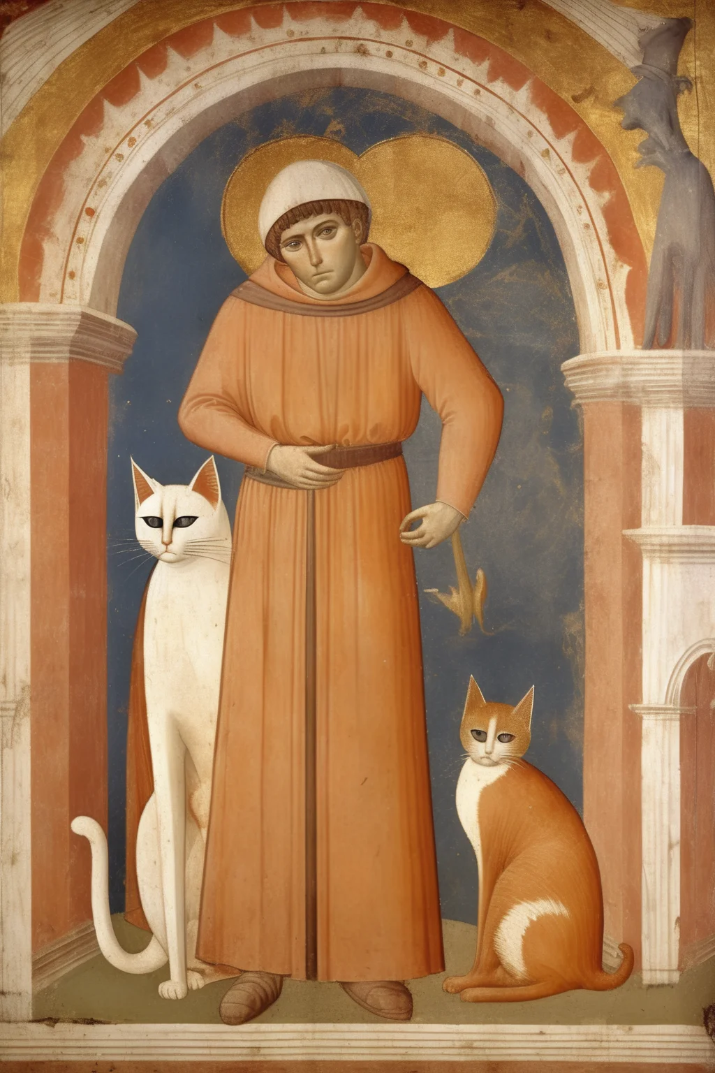 <lora:Simone Martini Style:1>Simone Martini Style - biblical Fresco painting by Giotto di Bondone of a vigilent and independent cat. Innovative, Proto-Renaissance, Narrative. Simplified, bold, uniform strokes imagery. Earth tones colors